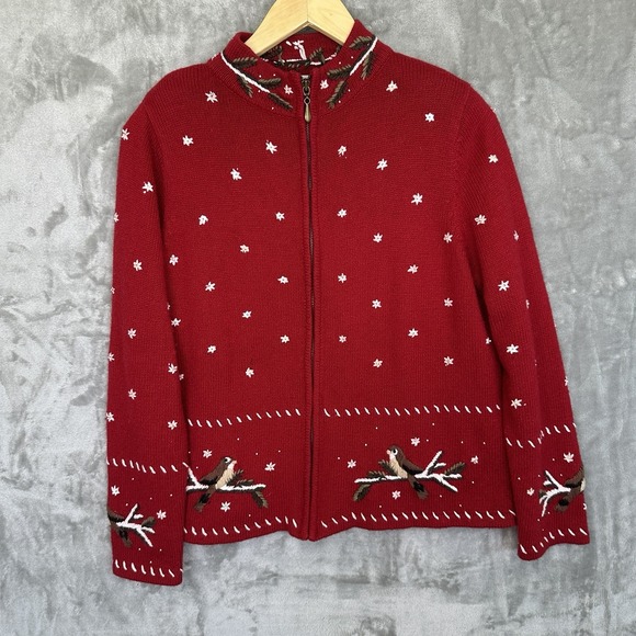 Christopher Banks Sweaters - Christopher Banks Holiday Sweater Womens Size L Red Christmas Bird Embroidered
